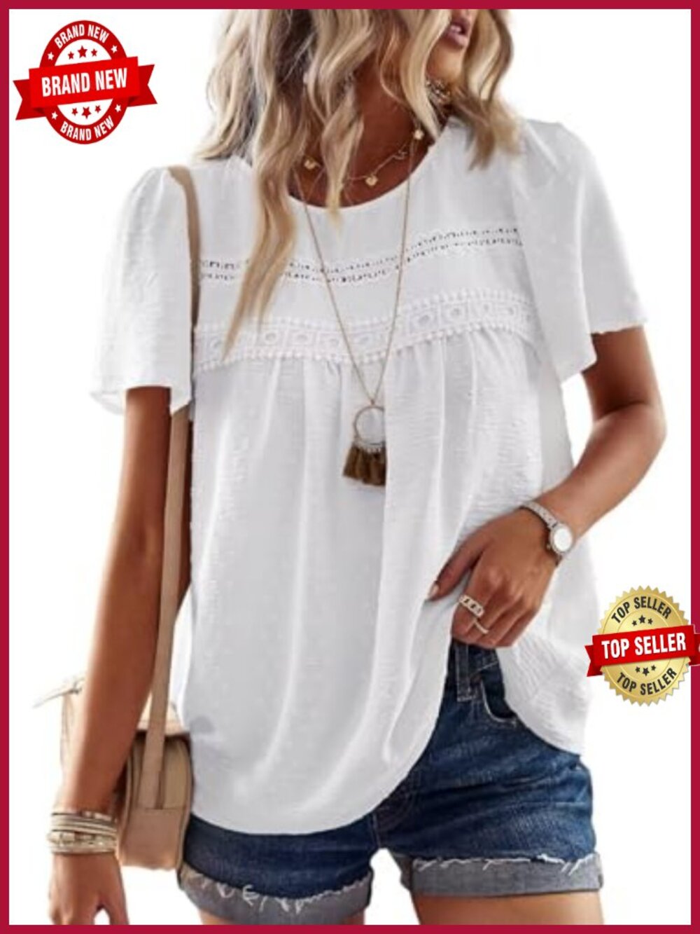 Womens Crewneck Short Sleeve Chiffon Blouse Lace Hem Boho Tunic